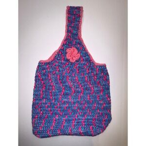Handmade Crochet Tote Bag Pink Blue Flower Accent